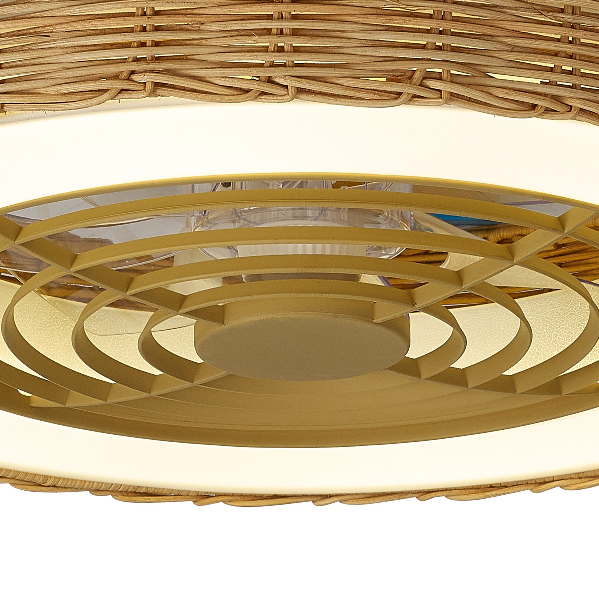 Close-up of the Kilimanjaro Mini White Fan by Ceiling Fans UK, featuring a beige rattan shade, gold-style center grille, and dimmable 55W LED ceiling light with 25W DC reversible fan (3800lm), 58cm size, and 5-year warranty.