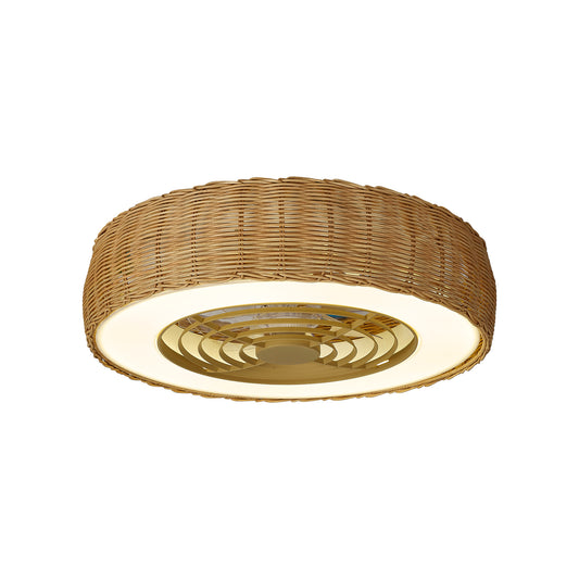 The Kilimanjaro Mini White Fan with Beige Rattan Shade, from Ceiling Fans UK, features a cylindrical, beige rattan shade surrounding the fixture. The fan blades are enclosed within, and an LED dimmable light ring encircles the edge to provide illumination. This 58cm ceiling fan combines a 55W LED light with a 25W DC reversible fan and emits 3800 lumens. Its natural woven texture gives it a rustic appearance and it comes with a 5-year warranty.
