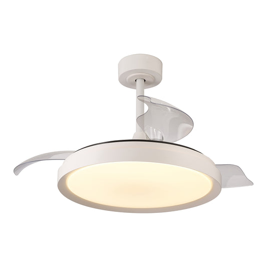 The MANTRA M8826 Mistral White Ceiling Fan by Ceiling Fans UK features a 50W dimmable LED light, built-in 28W DC fan, three transparent curved blades, remote control operation, and comes with a 5-year warranty.