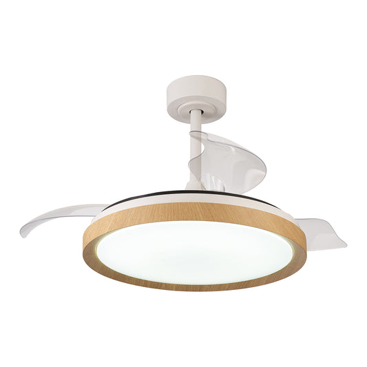 The Ceiling Fans UK MANTRA M8827 Mistral White/Wood ceiling fan features a circular wooden frame, three transparent curved blades, and a 50W dimmable LED light with built-in 28W DC fan, remote control, and 5-year warranty.