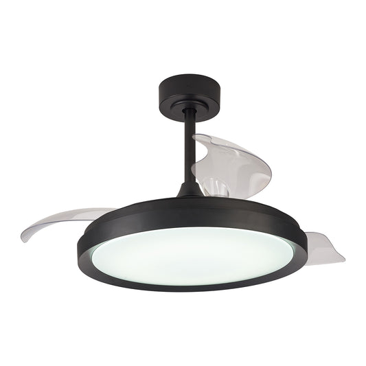 The Ceiling Fans UK MANTRA M8828 Mistral Black ceiling fan features a 50W dimmable LED light, built-in 28W DC fan, remote control, and comes with a 5-year warranty.