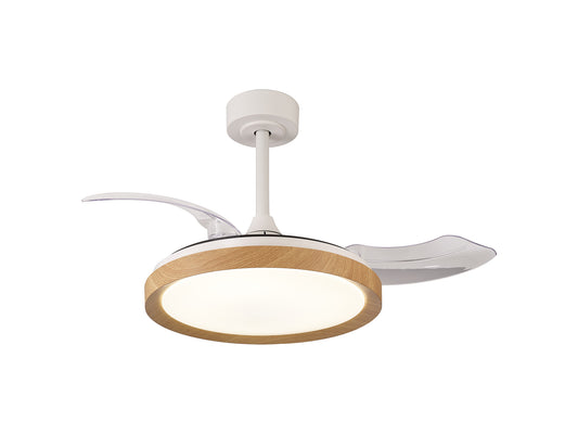 A modern Mistral Mini White/Wood Ceiling Fan from Ceiling Fans UK, featuring a circular wooden light fixture in the center and two transparent, curved blades extending outward. The fan is mounted on a white rod attached to the ceiling. Equipped with a 40W dimmable LED ceiling light and an integrated 28W DC fan, it emits a bright glow, all easily controlled via remote control. This model also comes with an impressive 5-year warranty.