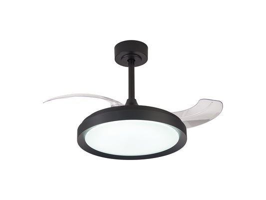 Introducing the Mistral Mini Black Ceiling Fan from Ceiling Fans UK, featuring a sleek black casing and two curved, semi-transparent blades. The centerpiece is a circular light fixture with a frosted white cover housing a dimmable 40W LED light. The fan boasts an integrated 28W DC motor and is mounted on a black rod extending from the ceiling. It also includes remote control functionality and comes with a 5-year warranty.