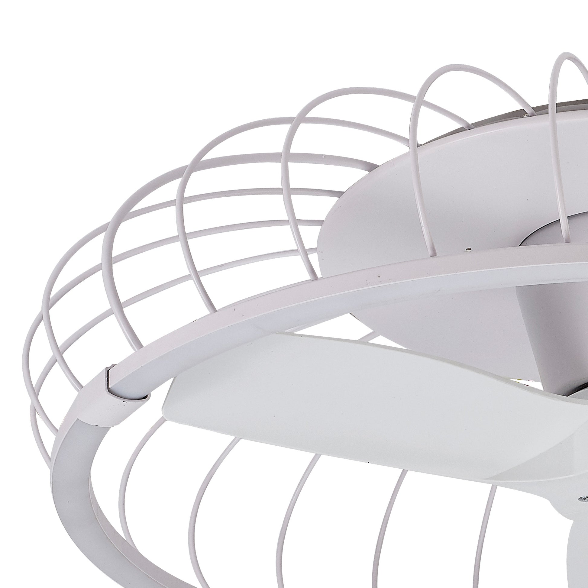 Close-up of the MANTRA M7807 Nature White Ceiling Fan by Ceiling Fans UK—features a 79cm, three-blade design with protective wire cage, built-in 30W DC reversible fan, dimmable 75W LED light, remote & app control, shown against a plain background.