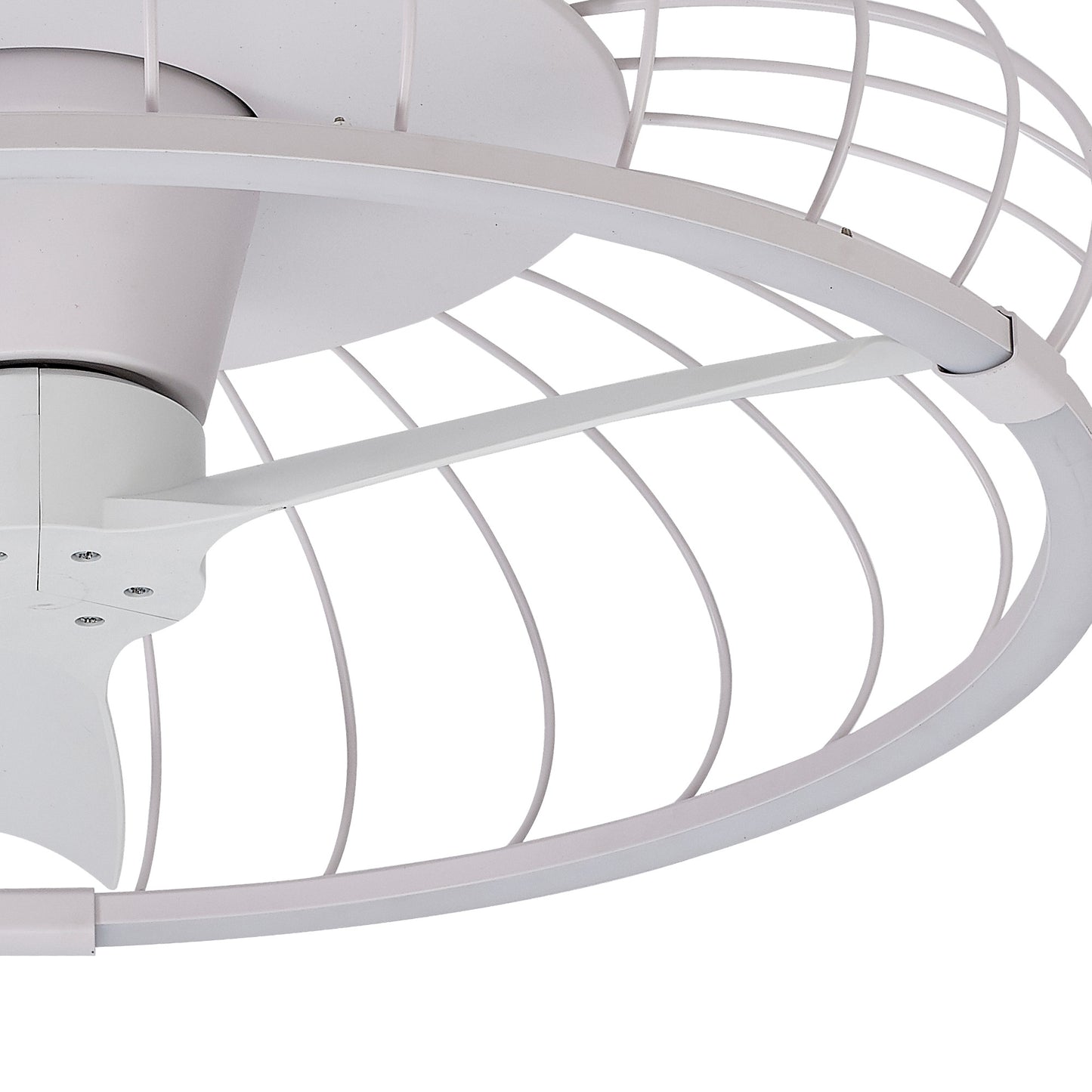 A close-up of the MANTRA M7807 Nature White Ceiling Fan with Light (79cm, 75W LED dimmable, 30W DC reversible fan) by Ceiling Fans UK, featuring a minimalistic cage frame and remote/APP control.