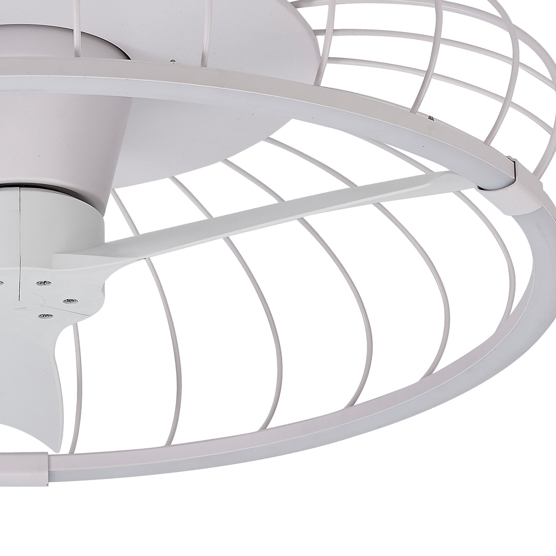 A close-up of the MANTRA M7807 Nature White Ceiling Fan with Light (79cm, 75W LED dimmable, 30W DC reversible fan) by Ceiling Fans UK, featuring a minimalistic cage frame and remote/APP control.