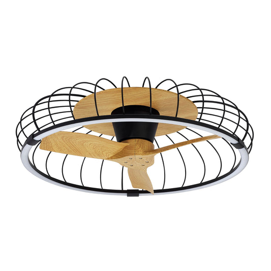 A modern ceiling fan featuring three light wood blades and a minimalist black metal cage design, the Nature Black/Beech Ceiling Fan with Light from Ceiling Fans UK exudes an industrial aesthetic with a sleek, circular frame and a built-in 75W LED dimmable ceiling light integrated into the outer edge. This 79cm fan also includes a 30W DC reversible fan and comes complete with remote and app control for added convenience.