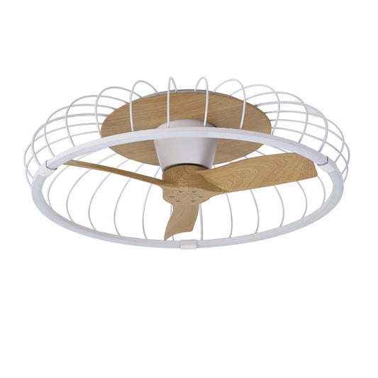 Introducing the Ceiling Fans UK Nature White/Beech Ceiling Fan with Light, a modern addition to any room. It boasts a minimalist design with three wooden blades and an encompassing white wire cage, all mounted on a sleek white base. This fan also features a 79cm 75W LED dimmable ceiling light for enhanced functionality. The built-in 30W DC reversible fan comes complete with remote and app control, while the wire cage imparts a distinctive contemporary industrial look.