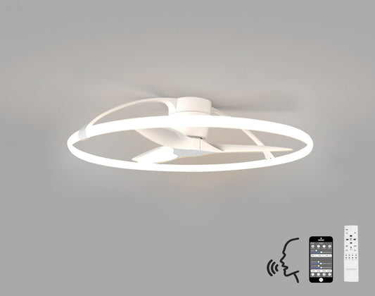 A modern, circular ceiling fixture from Ceiling Fans UK is shown. The Nepal White Ceiling Fan with Light features a sleek, minimalist design with two intersecting rings forming the 105cm 75W LED Dimmable Light. It includes a built-in 35W DC reversible fan and is controlled via remote, smartphone app, and voice control through Alexa or Google. The image includes icons indicating its voice control capabilities.