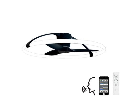 The Nepal Black Ceiling Fan with Light by Ceiling Fans UK features a modern, sleek design with a 105cm diameter and an integrated, dimmable 75W LED light. This stylish ceiling fan comes in black and includes a circular light ring around its blades. Accompanied by an illustrated smartphone and remote control, it showcases advanced features such as Alexa/Google Voice Control and app connectivity for complete convenience.