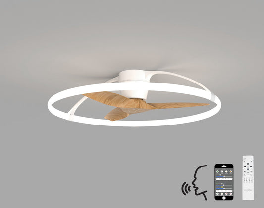 The Nepal White/Beech Ceiling Fan from Ceiling Fans UK features light wood blades within a sleek white circular frame. This modern ceiling fan is equipped with a powerful 75W LED dimmable light and a built-in 35W DC reversible fan. It offers advanced control options through Alexa/Google Voice Control, smartphone control via an app, and a remote control. The background is a plain gray.