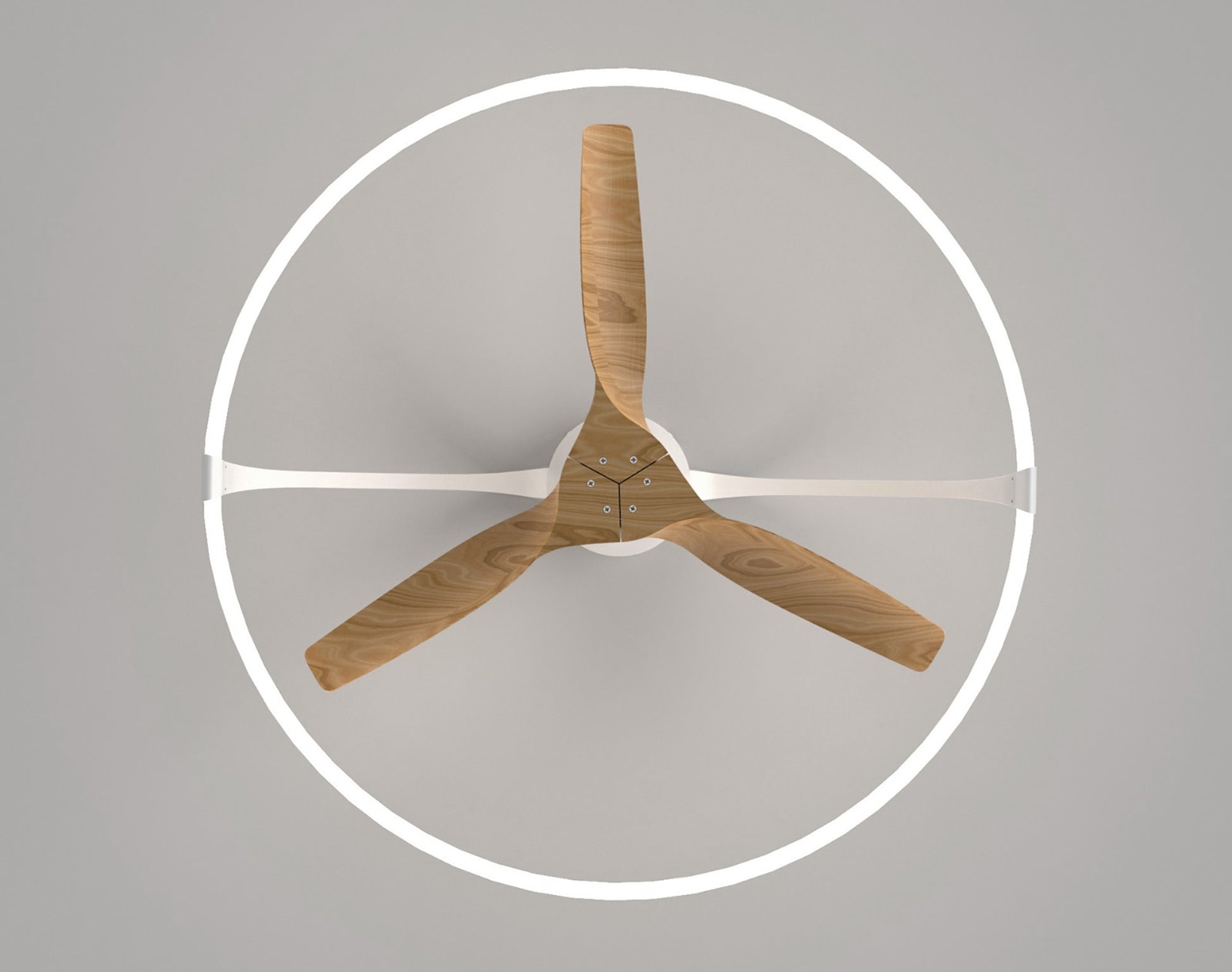 A top-down view of the MANTRA M7532 Nepal ceiling fan by Ceiling Fans UK, featuring three beech blades, a dimmable 75W LED light (7200lm), 35W DC reversible motor, white finish, and smart/remote control; set on a light gray background.