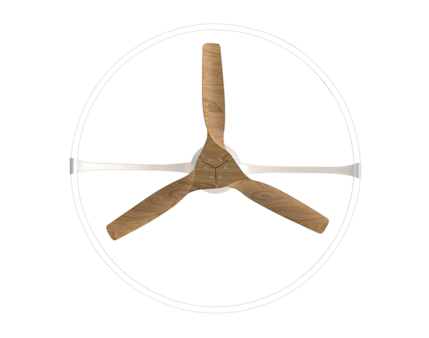 Top view of the MANTRA M7532 Nepal White/Beech Ceiling Fan with 3 light wood blades, 75W dimmable LED (7200lm) in a minimalistic white frame. Features DC reversible motor, remote, app & Alexa/Google voice control. By Ceiling Fans UK.