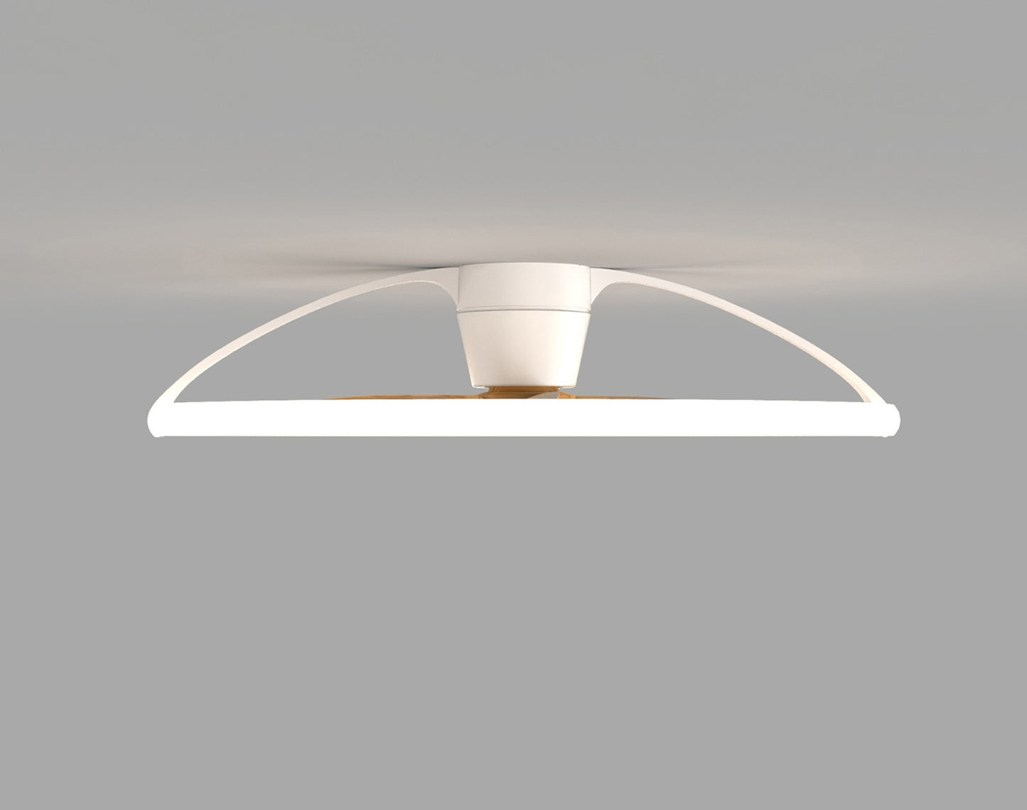 A contemporary white ceiling fan with a beech accent, incorporating a sleek, minimalist design and featuring Nepal LED technology. The fixture includes a 105cm light, a dimmable 75W LED with a built-in 35W DC reversible fan, all controlled by remote, app, or Alexa/Google Voice Control. It's set against a plain gray background.