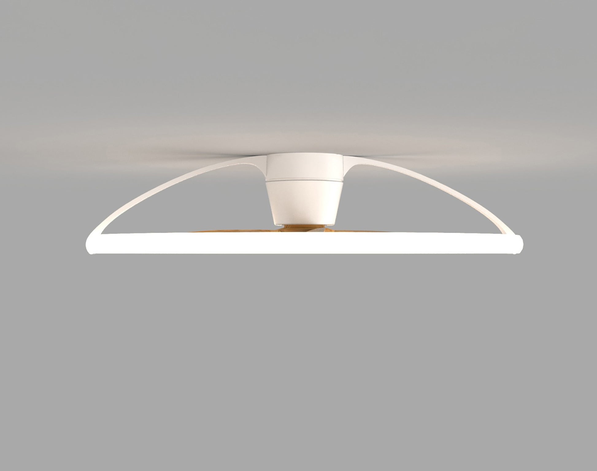 A contemporary white ceiling fan with a beech accent, incorporating a sleek, minimalist design and featuring Nepal LED technology. The fixture includes a 105cm light, a dimmable 75W LED with a built-in 35W DC reversible fan, all controlled by remote, app, or Alexa/Google Voice Control. It's set against a plain gray background.