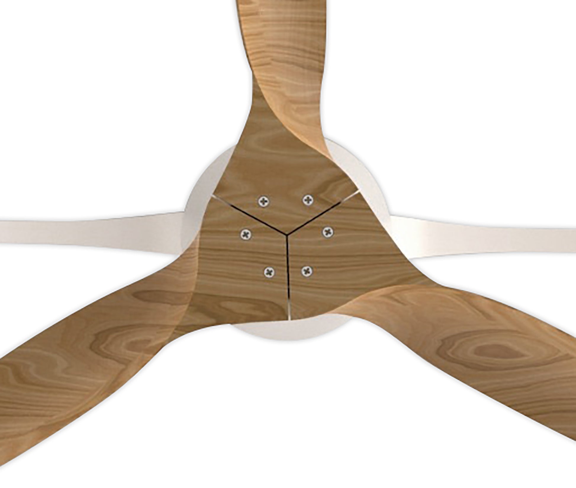 Close-up of the Nepal White/Beech Ceiling Fan by Ceiling Fans UK, featuring three wooden blades with a natural wood grain pattern attached to a central hub secured by six visible screws. The fan, which includes an integrated 35W DC reversible motor and a 75W dimmable LED light, is mounted against a white background and comes with remote control, as well as compatibility with APP & Alexa/Google voice control.
