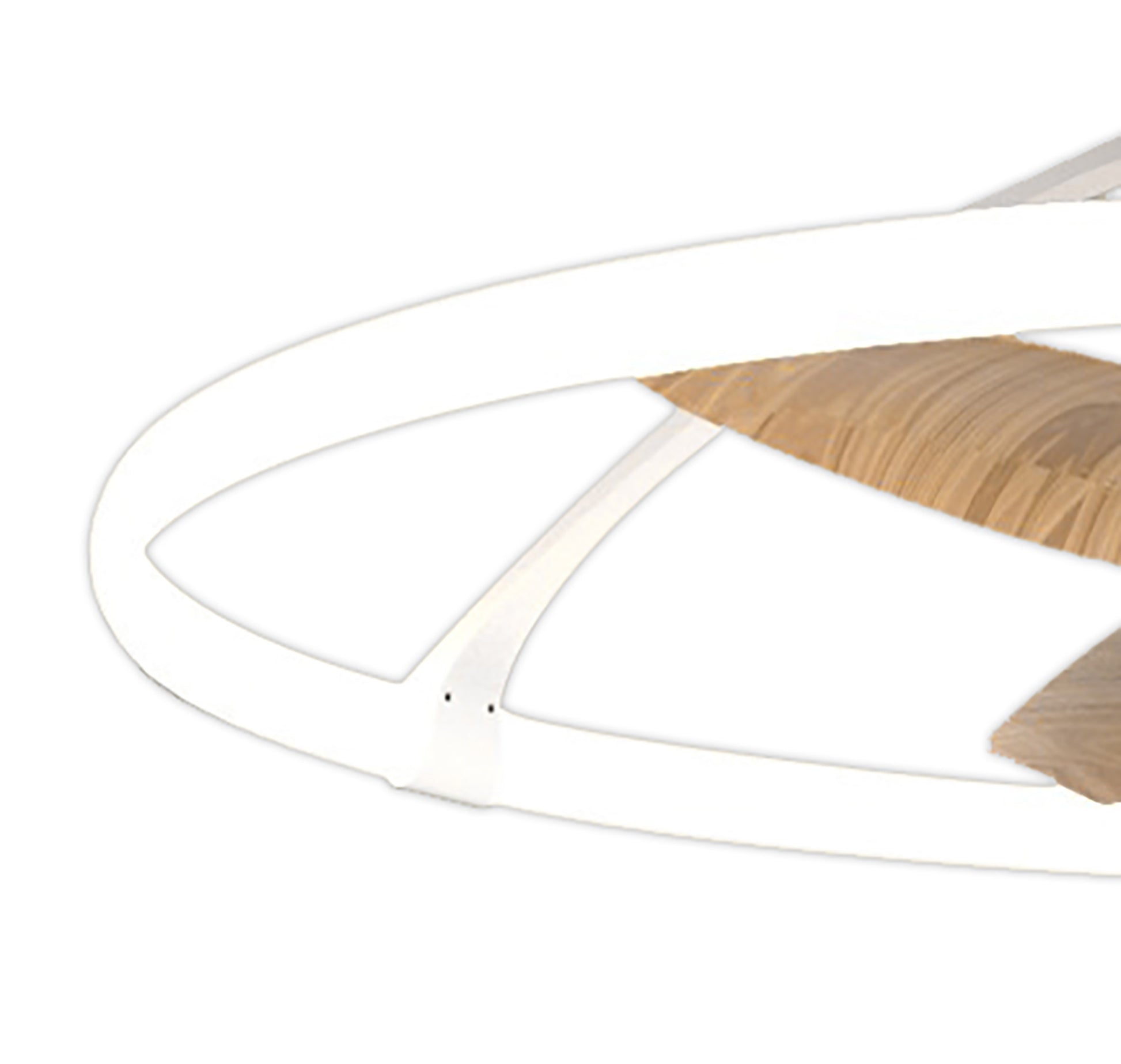 Close-up view of a modern ceiling fan showcasing a white circular LED light ring and a beech wood accent inside the ring. The Nepal White/Beech Ceiling Fan with light 105cm by Ceiling Fans UK features a sleek, minimalist design and integrates seamlessly with Alexa/Google Voice Control for added convenience.