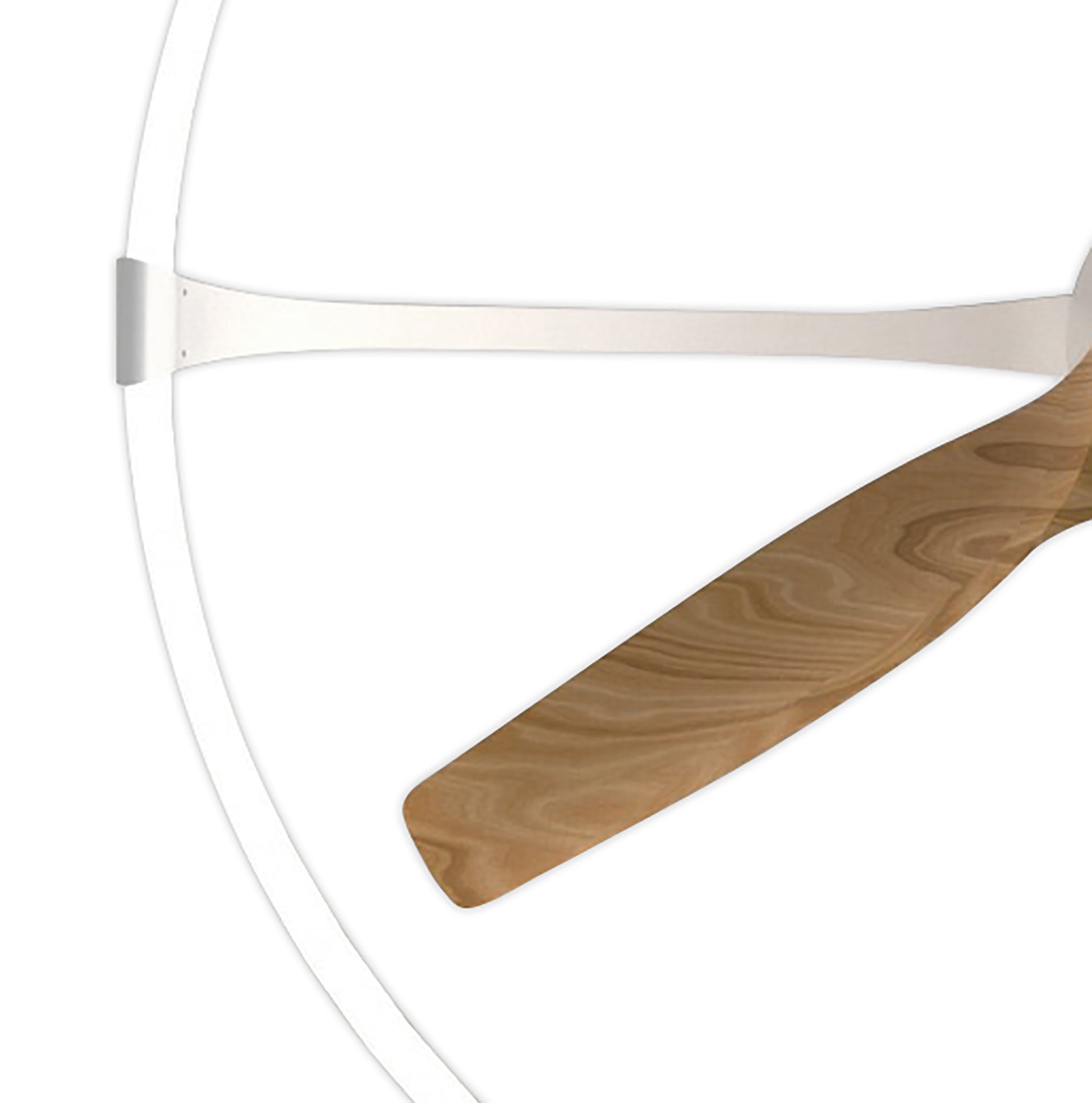 Close-up of the frame of Ceiling Fans UK's Nepal White/Beech Ceiling Fan with light 105cm. The image highlights a single wooden blade and part of the circular white frame, showcasing its smooth design, wood grain texture, and smart integration with Alexa/Google Voice Control. This modern, minimalist ceiling fan also includes a 75W LED dimmable light and a built-in 35W DC reversible fan for versatile use.