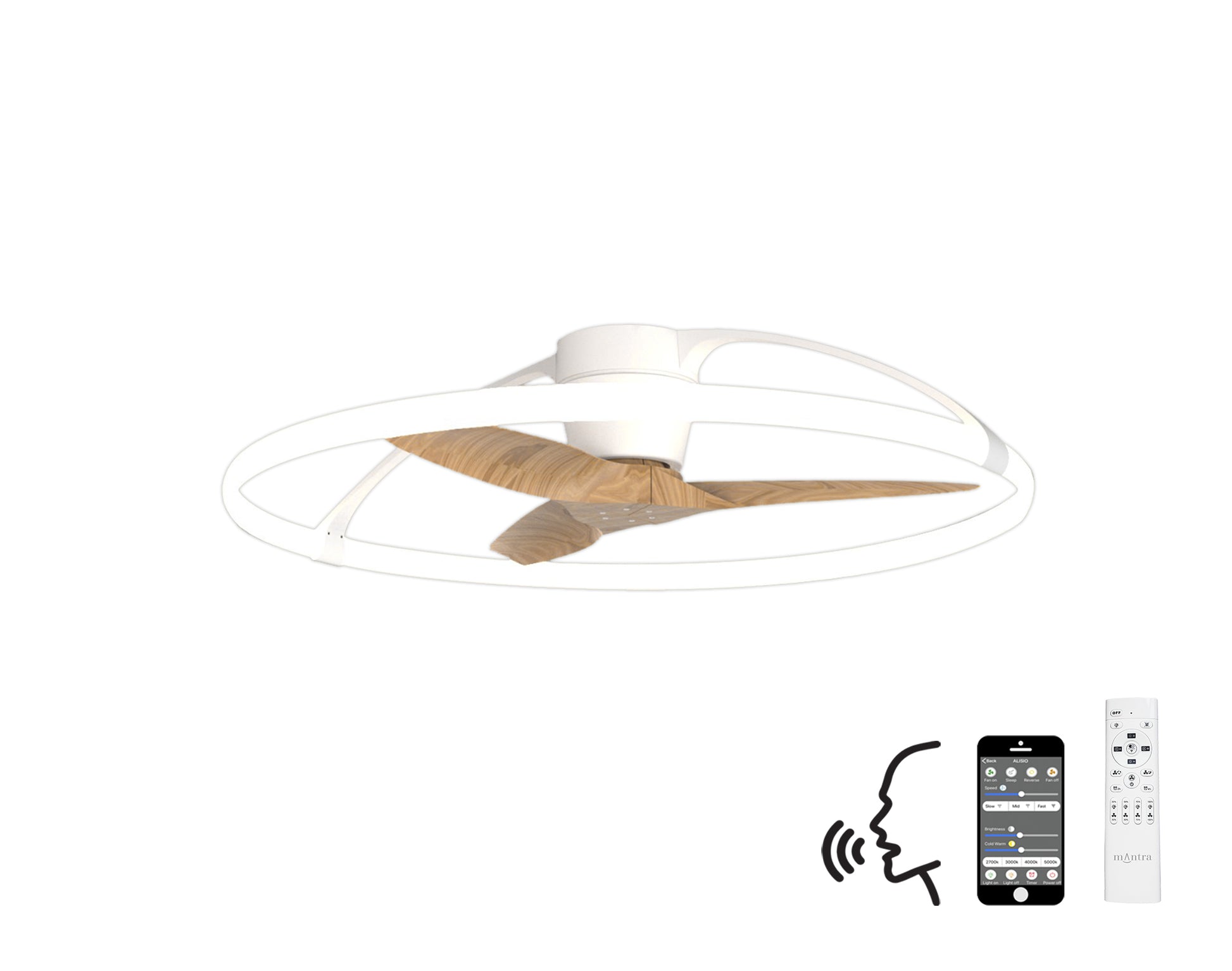 Ceiling Fans UK's Nepal White/Beech Ceiling Fan features a unique circular white frame with wooden blades. It offers Alexa/Google Voice Control and smartphone app compatibility, indicated by icons, and includes an easy-to-use remote control at the bottom right. The 105cm fan also incorporates a powerful 75W dimmable LED light for added functionality.