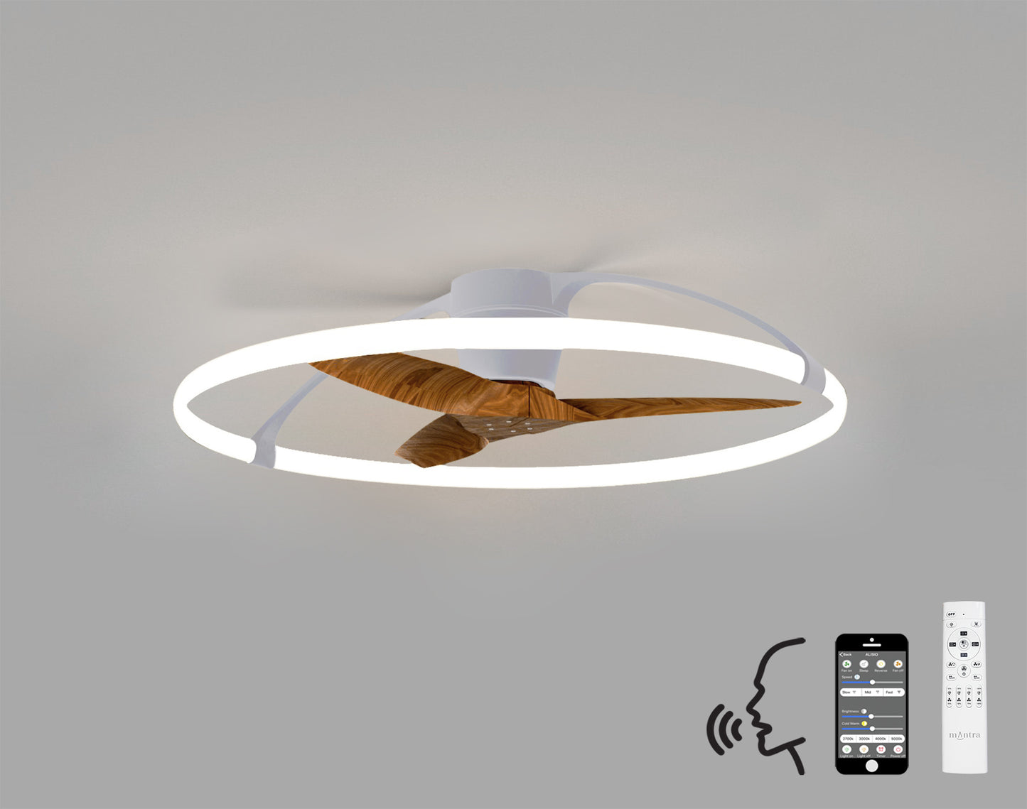 The MANTRA M7533 Nepal Silver/Walnut Ceiling Fan from Ceiling Fans UK features a 105cm reversible DC fan with wooden blades, 75W dimmable LED light (7200lm), and supports remote, smartphone APP, and Alexa/Google voice control for modern versatility.