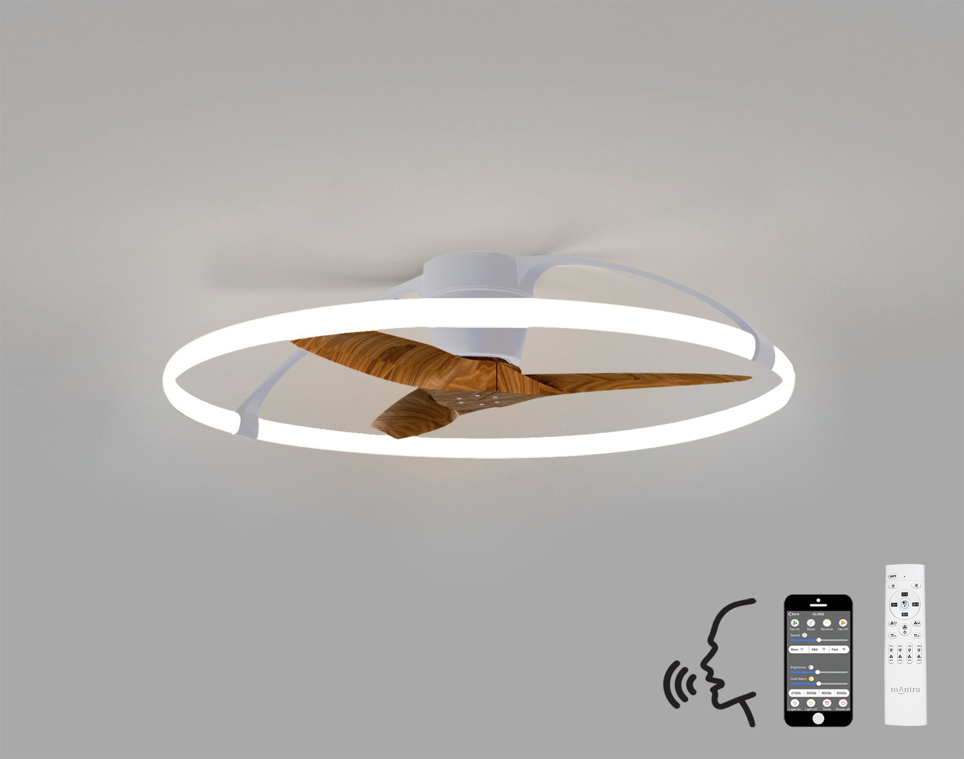 The MANTRA M7533 Nepal Silver/Walnut Ceiling Fan from Ceiling Fans UK features a 105cm reversible DC fan with wooden blades, 75W dimmable LED light (7200lm), and supports remote, smartphone APP, and Alexa/Google voice control for modern versatility.