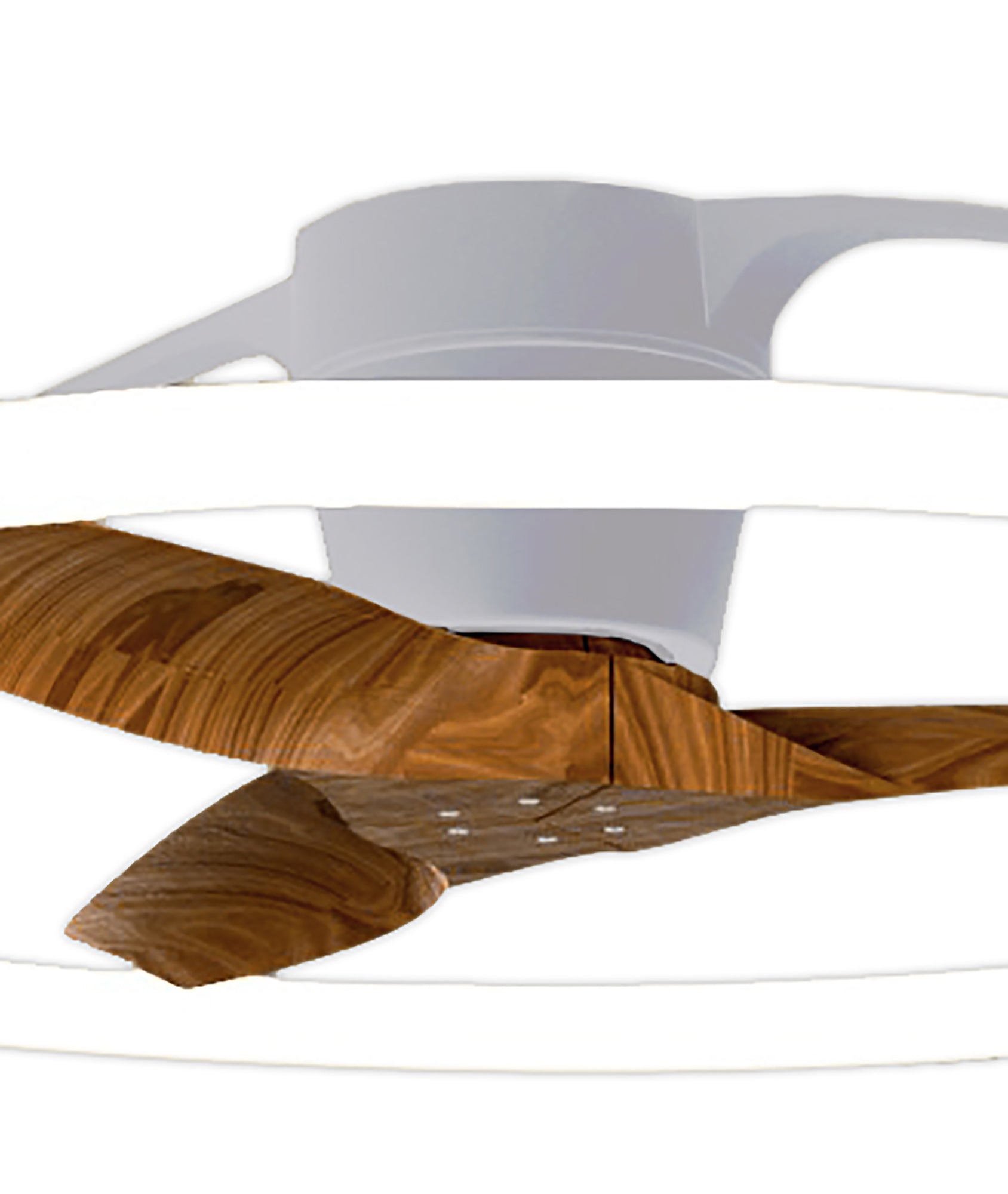 A close-up of the Ceiling Fans UK MANTRA M7533 Nepal Silver/Walnut 105cm fan, featuring wooden blades, dimmable 75W LED light (7200lm), 35W DC reversible motor, white frame, remote/app/Alexa/Google control, set on a plain white background.