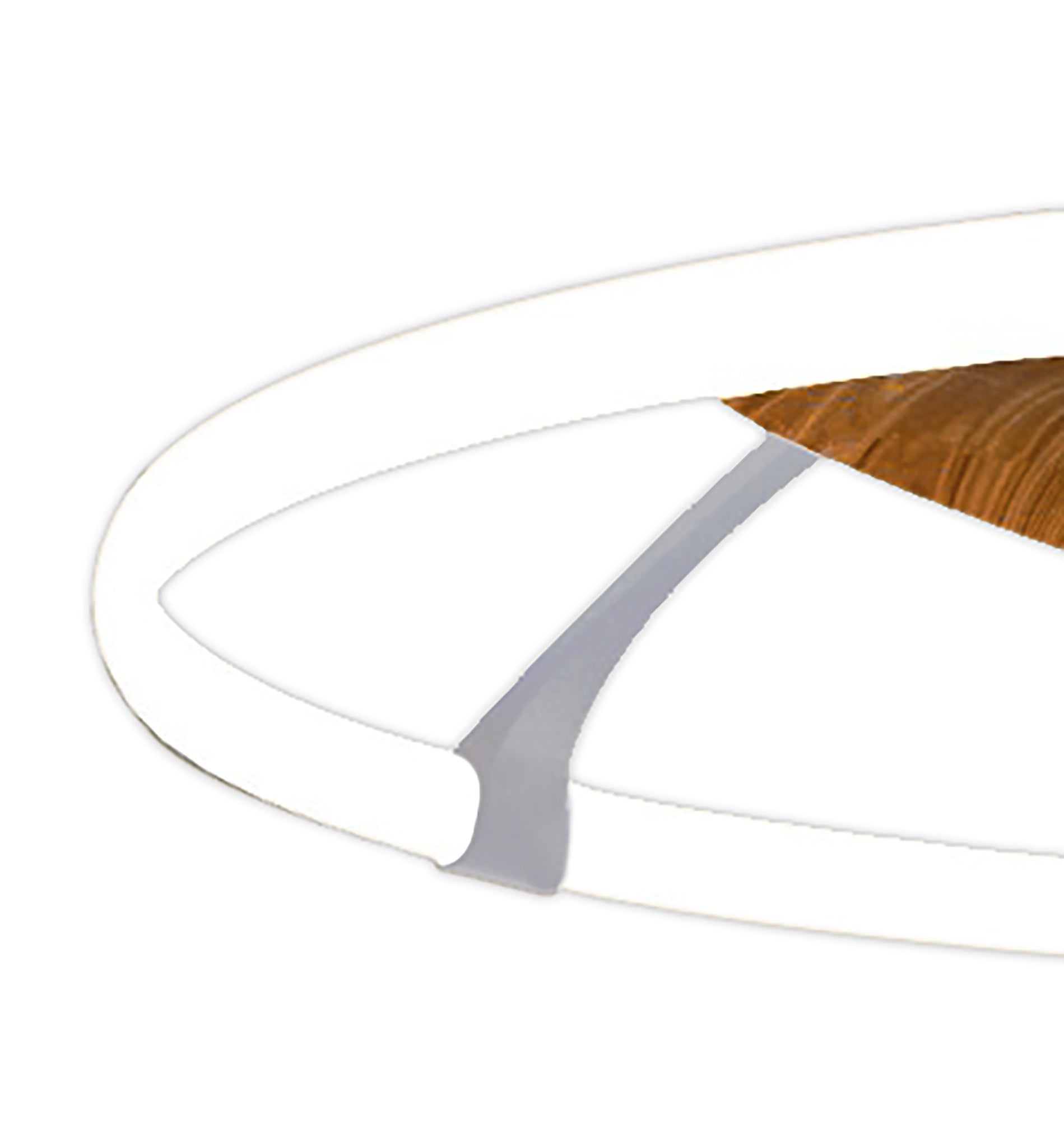 A close-up of the MANTRA M7533 Nepal Silver/Walnut 105cm LED dimmable ceiling fan by Ceiling Fans UK, featuring a white frame, wood texture detail, reversible 35W DC fan, remote/app/voice control, and 7200lm light output.