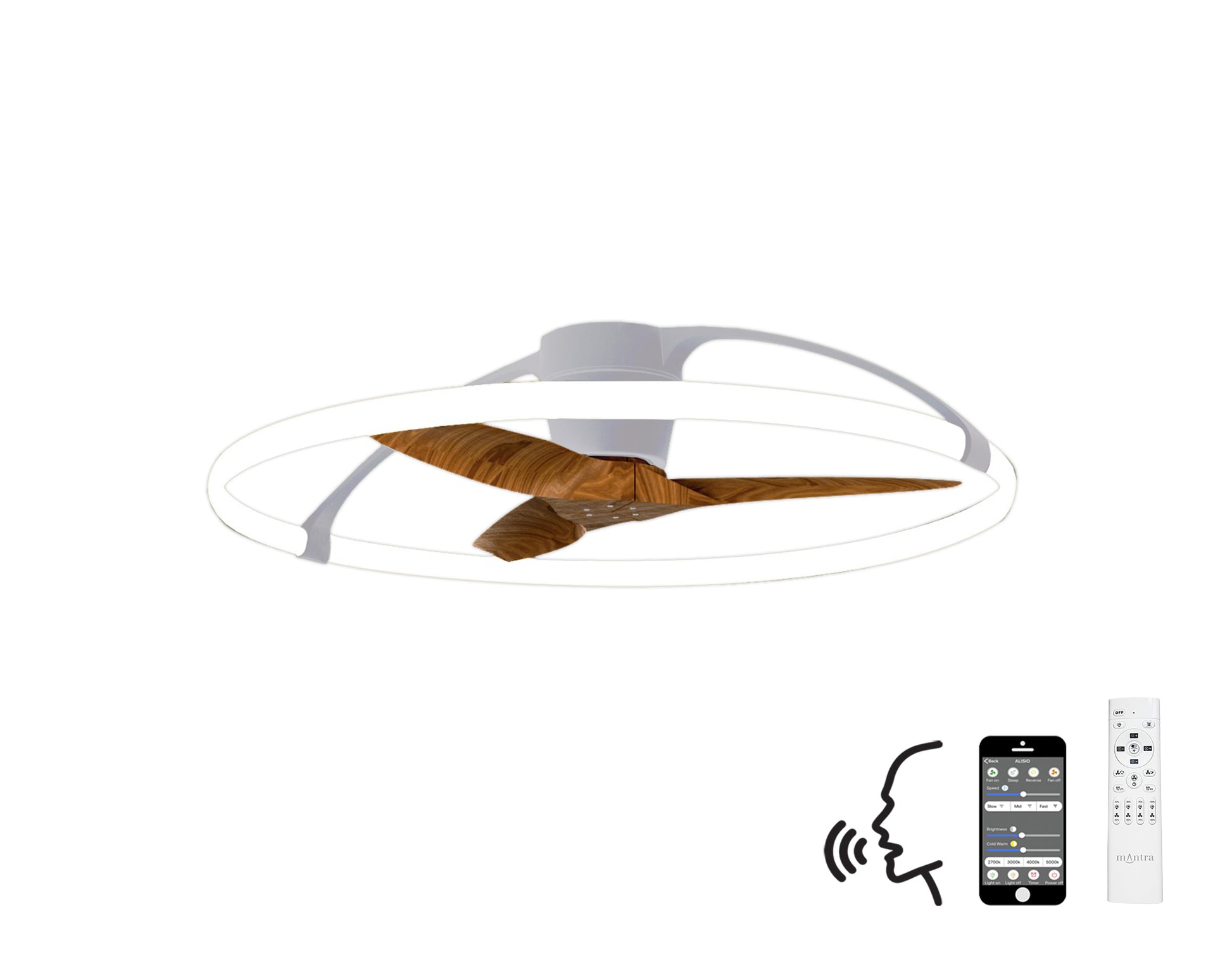Ceiling Fans UK's MANTRA M7533 Nepal Silver/Walnut 105cm fan features a 75W dimmable LED (7200lm), built-in 35W DC reversible motor, wood blades, plus remote, app & Alexa/Google voice control for versatile use.