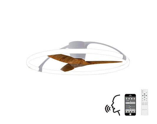 The Nepal Silver/Walnut Ceiling Fan with Light from Ceiling Fans UK features a modern design with wooden blades, surrounded by a white, 75W LED dimmable light ring. Beneath the 105cm fan, a smartphone displaying the control app and a remote control are ready for use. An icon for Alexa/Google voice control is also present, adding ease to your comfort.
