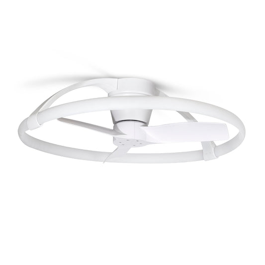 The Nepal Mini White Ceiling Fan with Light by Ceiling Fans UK features a sleek, circular design with three blades enclosed within an outer ring. This modern fan mounts directly to the ceiling, eliminating traditional outward-extending blades. It comes equipped with a 75cm 55W LED dimmable ceiling light and a built-in 30W DC reversible fan, which can be controlled via remote or app.