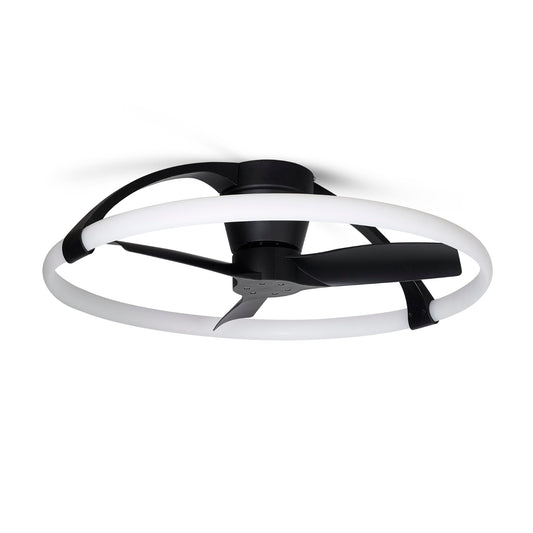 The Nepal Black Mini Ceiling Fan with Light by Ceiling Fans UK boasts a sleek, minimalist design and features three black blades alongside an integrated circular 55W LED dimmable light ring surrounding the fan. Mounted on a black base, this 75cm ceiling fan includes a built-in 30W DC reversible fan for simultaneous illumination and air circulation, all controlled via remote and app.