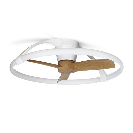 Introducing the Ceiling Fans UK Nepal White/Beech Mini Ceiling Fan with Light. This 75cm ceiling fan features a dimmable 55W LED circular light and three angled wooden blades attached to a central motor housing. Its sleek and contemporary design combines wood and metal elements, and it offers the convenience of remote and APP control. The built-in 30W DC reversible fan ensures versatility for any room.