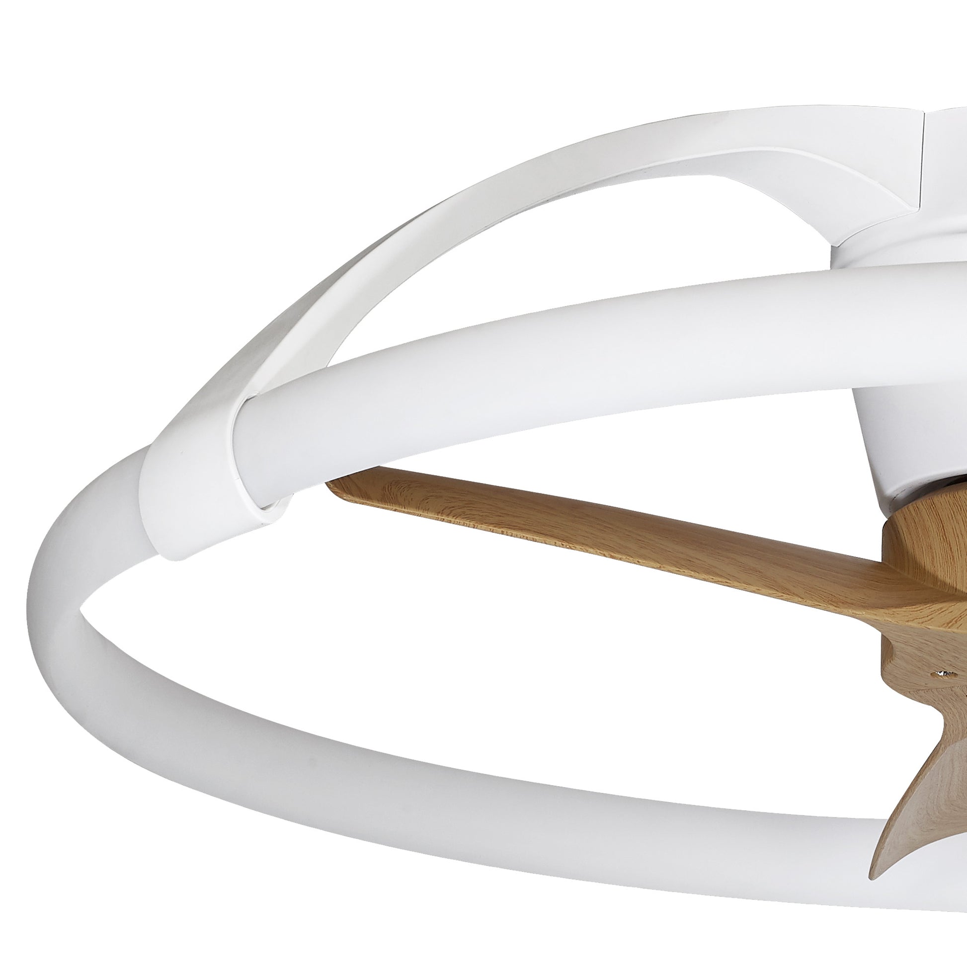 Close-up of the MANTRA M7803 Nepal White/Beech Mini Ceiling Fan with Light (75cm) by Ceiling Fans UK, featuring LED dimmable settings, 30W DC reversible fan, remote and APP control for a modern touch.