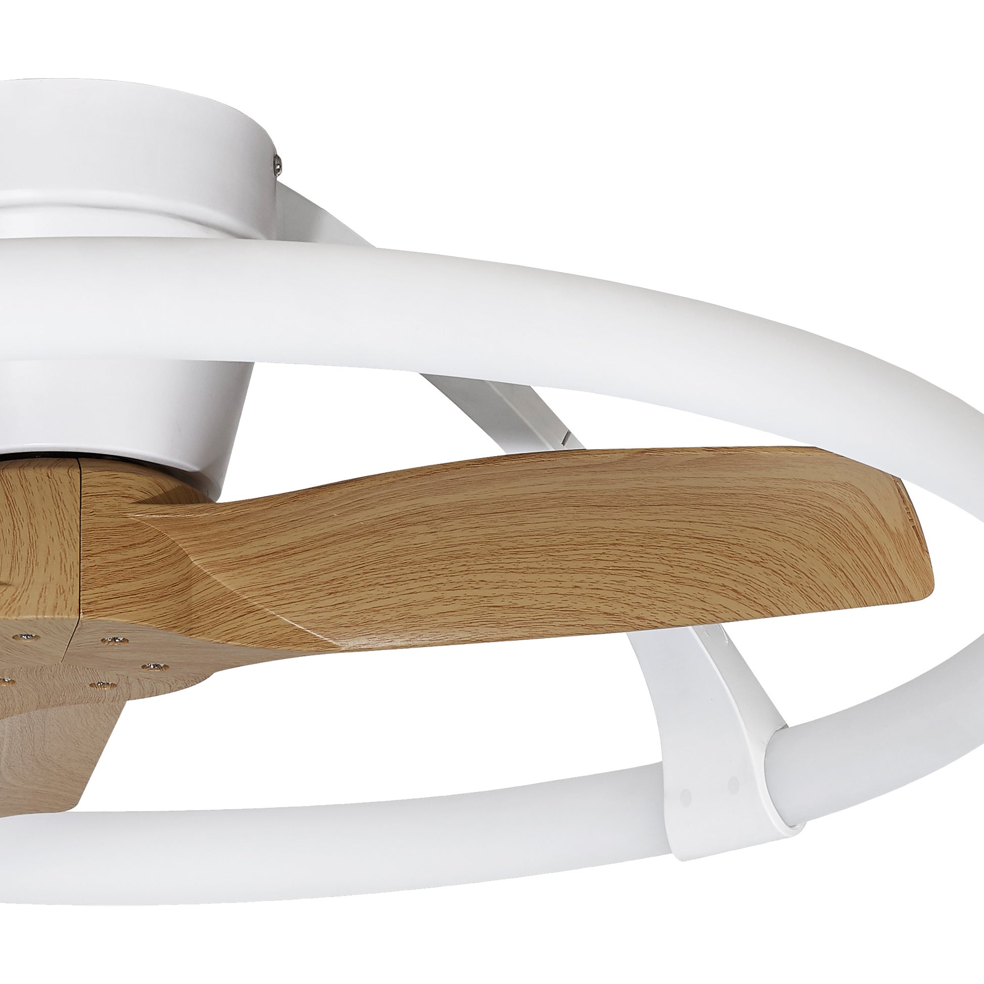 Close-up of the Ceiling Fans UK MANTRA M7803 Nepal White/Beech Mini Ceiling Fan with Light: 75cm, 55W dimmable LED, circular white frame, 30W DC reversible fan, light wood blades; includes remote & APP control.