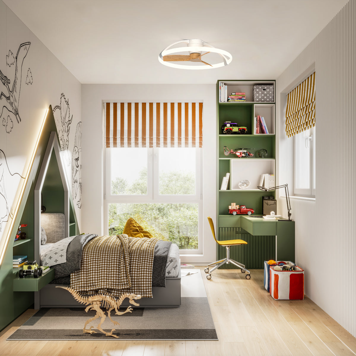 A cozy kids' bedroom with a green and white theme features a bed with a triangular headboard, dinosaur toys, striped blinds, wooden flooring, and the Ceiling Fans UK MANTRA M7803 Nepal 75cm dimmable LED ceiling fan with light, remote & app control.