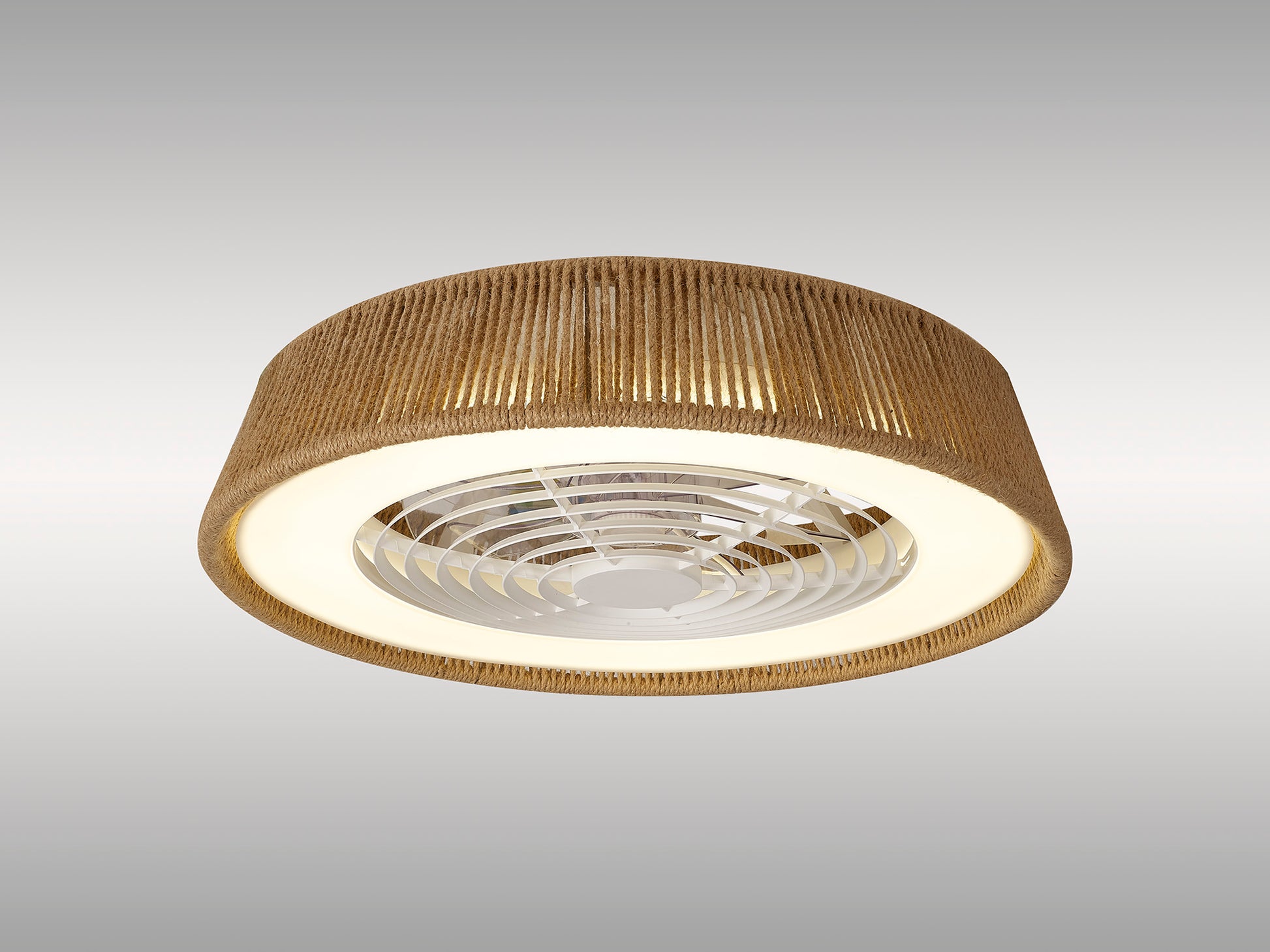 Close-up of the Polinesia Natural Rope Ceiling Fan with Light from Ceiling Fans UK, featuring a circular woven rattan shade. This fixture includes a 64.5 cm, 70W LED dimmable ceiling light and a built-in 35W DC reversible fan at its center, surrounded by a ring of LED lights emitting 4200 lm. The woven texture and natural beige color of the shade add a touch of rustic elegance to the design, which comes with a 5-year warranty.