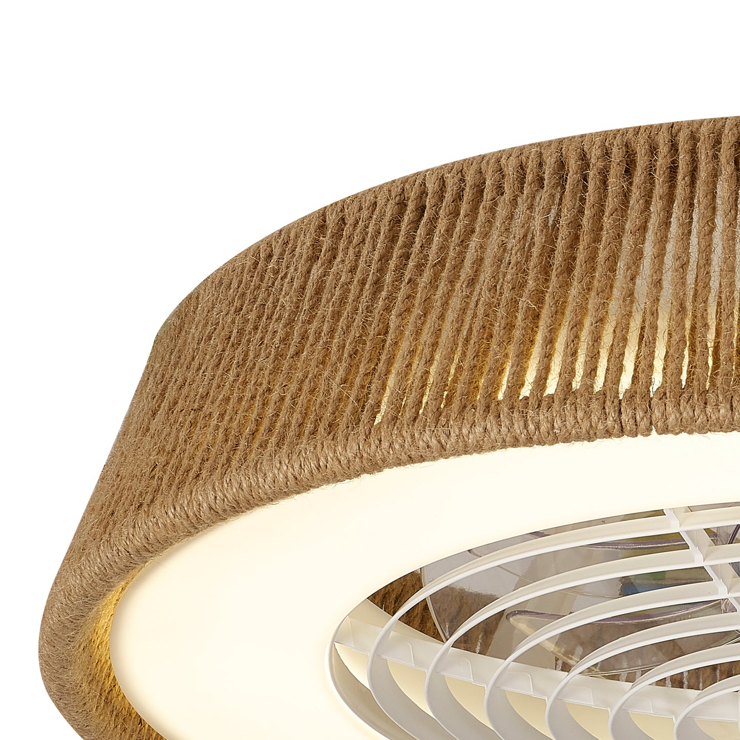Close-up of the Ceiling Fans UK Polinesia Natural Rope Ceiling Fan with Light. This fan measures 64.5cm and showcases a beige Oscu, brown, textured outer ring resembling woven material. Inside the ring are white blades that are reversible and driven by a built-in 35W DC motor. The light is a 70W LED dimmable unit providing up to 4200 lumens, all backed by a 5-year warranty.