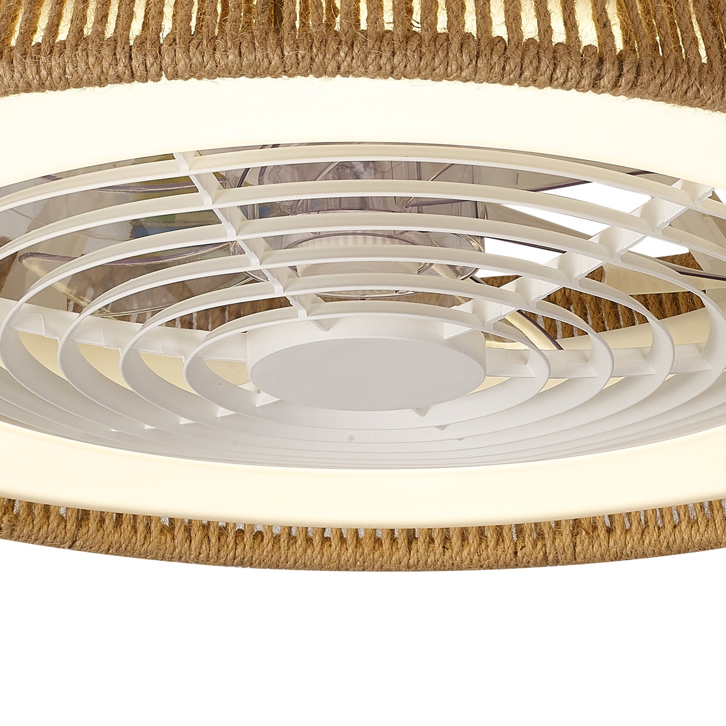 A close-up of the Ceiling Fans UK’s Polinesia Natural Rope Ceiling Fan showcases its circular design, complete with beige reversible blades. It is encircled by a woven, textured rim and features an integrated 70W LED dimmable ceiling light. The materials seamlessly blend modern and rustic elements.