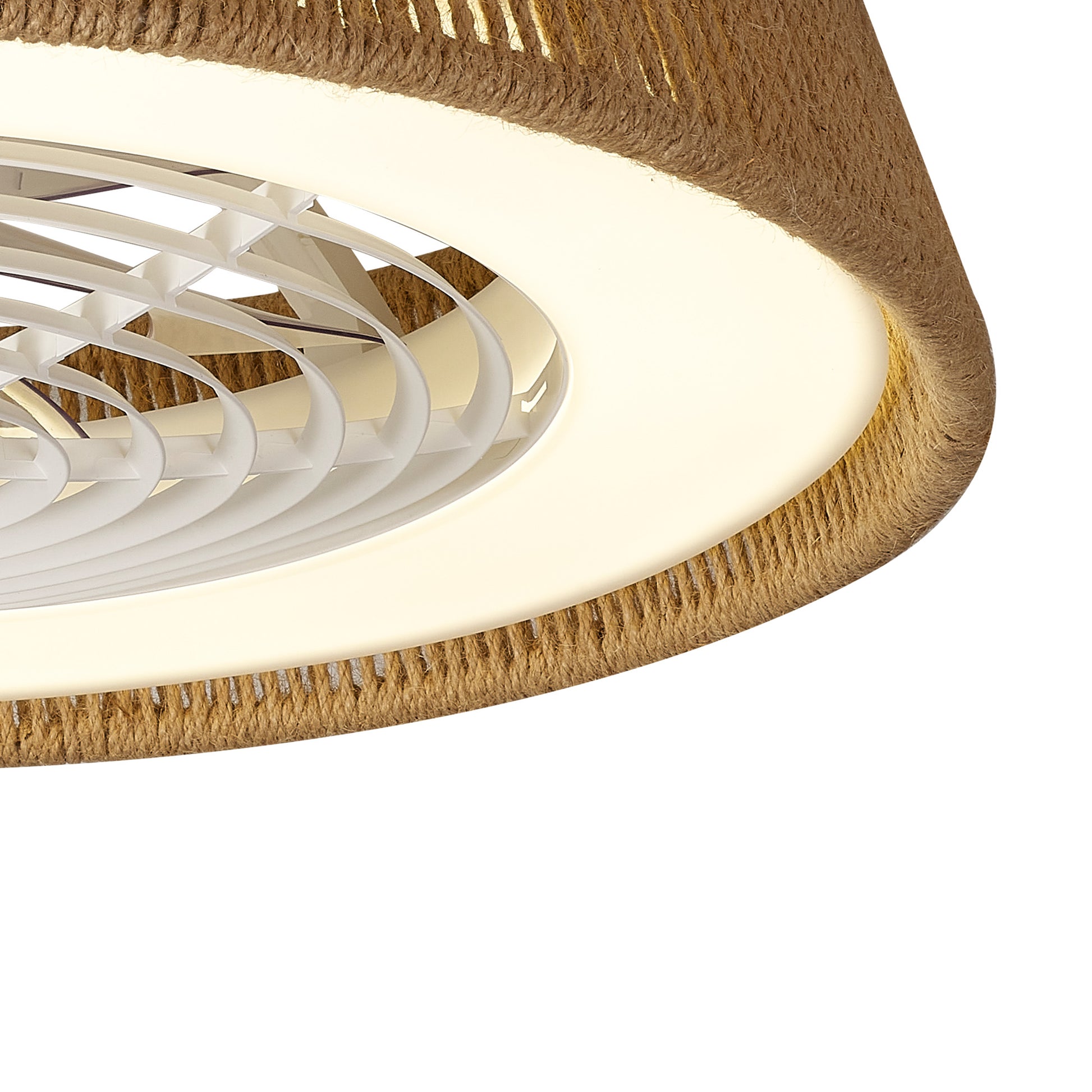 This close-up highlights the Polinesia Natural Rope Ceiling Fan by Ceiling Fans UK. It features a woven rope design around its edge and includes reversible fan blades elegantly enclosed in a circular, white grille. The fan also incorporates a 70W LED dimmable ceiling light, blending style with practicality.