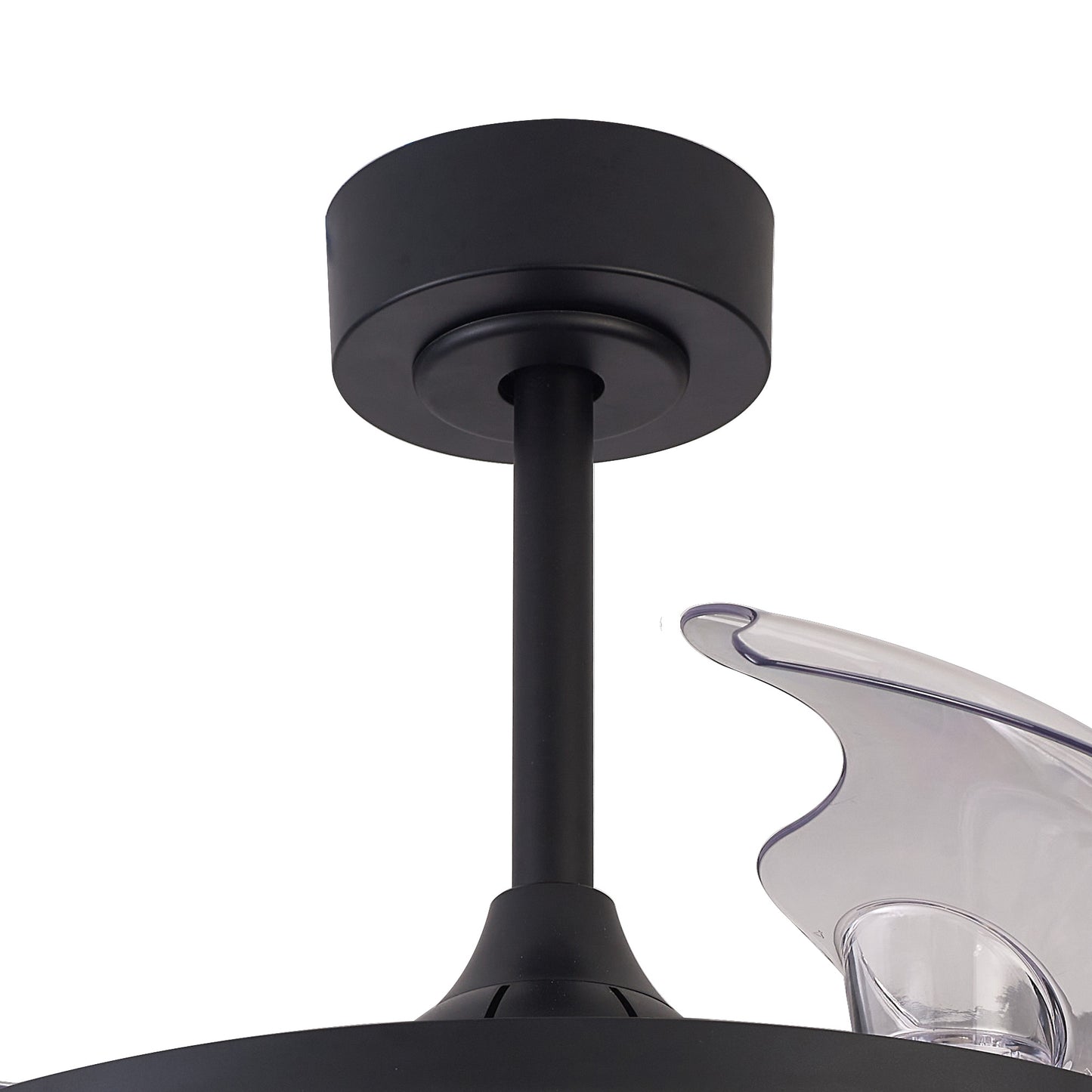 Close-up view of the Rafaga 50W LED Dimmable Black/RGB Ceiling Light by Ceiling Fans UK, showcasing its matte black finish. The image highlights the downrod, canopy, and a partial view of one transparent acrylic blade. This modern ceiling fan features an LED dimmable light for adjustable ambiance and includes a built-in 30W DC reversible fan with remote control capabilities.