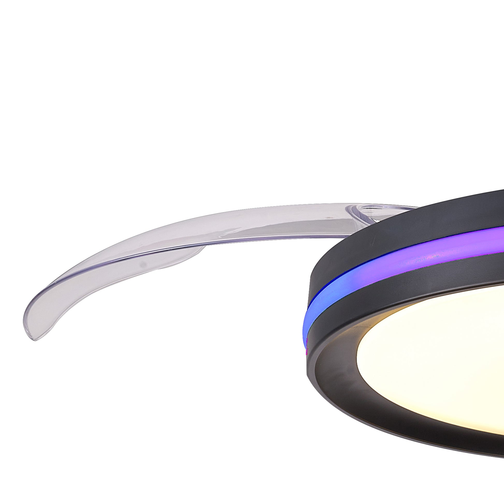 A close-up view of the Rafaga 50W LED Dimmable Black/RGB Ceiling Light from Ceiling Fans UK, featuring a curved, translucent extension on top. The light boasts a white illuminated center encircled by a black rim and emits a blue and purple glow from its sides. The background is plain and white. This product includes a built-in 30W DC reversible fan, remote control with adjustable color temperatures ranging from 3000K to 6500K and delivers 3200 lumens. It also comes with a 5-year warranty.
