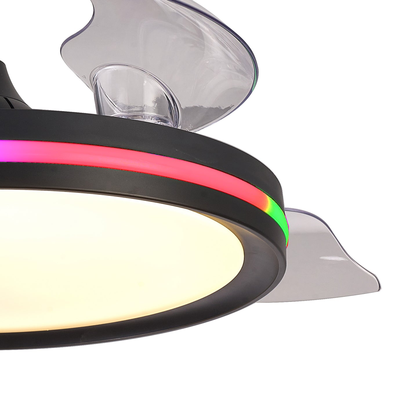 The image shows the Rafaga 50W LED Dimmable Black/RGB Ceiling Light from Ceiling Fans UK, which features a built-in 30W DC reversible fan with transparent blades. The white ceiling light is encircled by a colorful LED strip that can display hues like red, green, and purple. This sleek and contemporary design also includes a remote control for making easy lighting adjustments within the range of 3000-6500K and provides up to 3200 lumens of brightness along with a 5-year warranty.