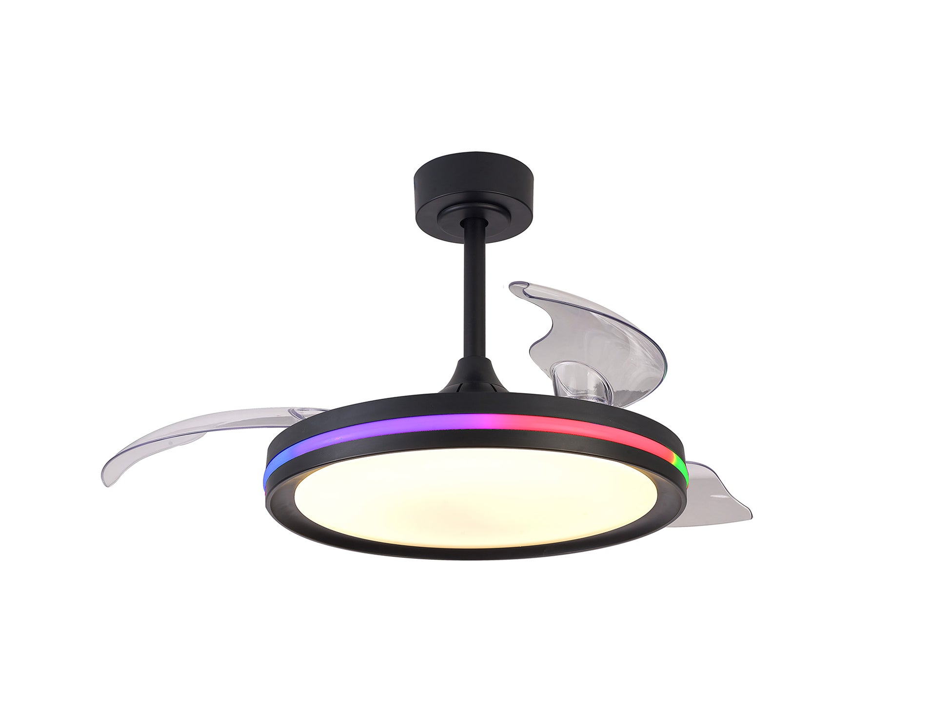 The Rafaga 50W LED Dimmable Black/RGB Ceiling Light With Built-In 30W DC Reversible Fan by Ceiling Fans UK features a circular, semi-flush mount light fixture with transparent blades partially extended outward. This modern ceiling fan is accented with a colorful LED strip encircling the light, offering dimmable lighting from 3000-6500K and remote control for convenient customization.