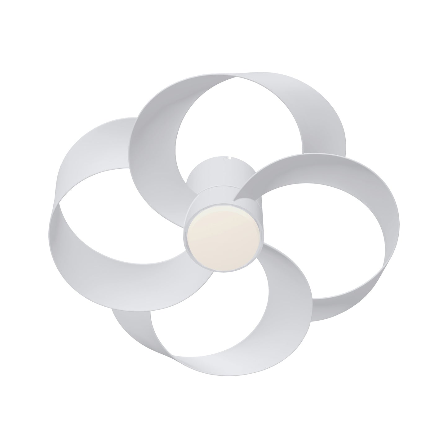 The Rose White 65cm Ceiling Fan with Light from Ceiling Fans UK features a modern design with three white, ribbon-like blades elegantly twisted in a swirling pattern around a central light. This dimmable 24W LED ceiling fan combines convenience and elegance, with its sleek curved blades providing a unique aesthetic, all controlled by a built-in 22W DC reversible fan and remote control.