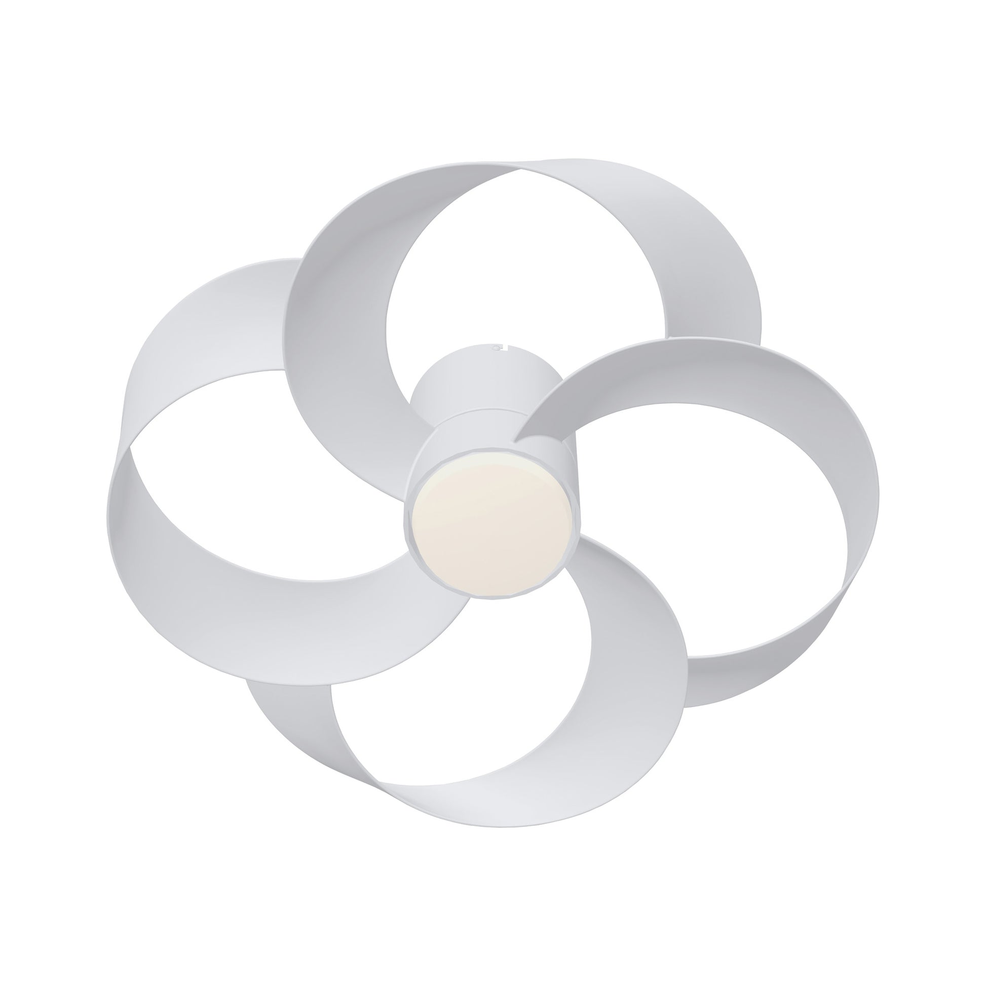 The Rose White 65cm Ceiling Fan with Light from Ceiling Fans UK features a modern design with three white, ribbon-like blades elegantly twisted in a swirling pattern around a central light. This dimmable 24W LED ceiling fan combines convenience and elegance, with its sleek curved blades providing a unique aesthetic, all controlled by a built-in 22W DC reversible fan and remote control.