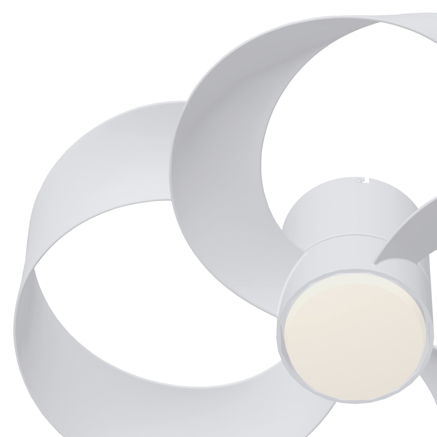 Close-up of the Rose White 65cm Ceiling Fan with Light from Ceiling Fans UK. Featuring a sleek and modern design, this dimmable 24W LED ceiling fan includes three wide, curved blades in a smooth white finish, attached to a cylindrical base with a soft white light at the center. The remote-controlled fan's blades create an artistic and minimalist appearance, enhanced by its built-in 22W DC reversible motor.