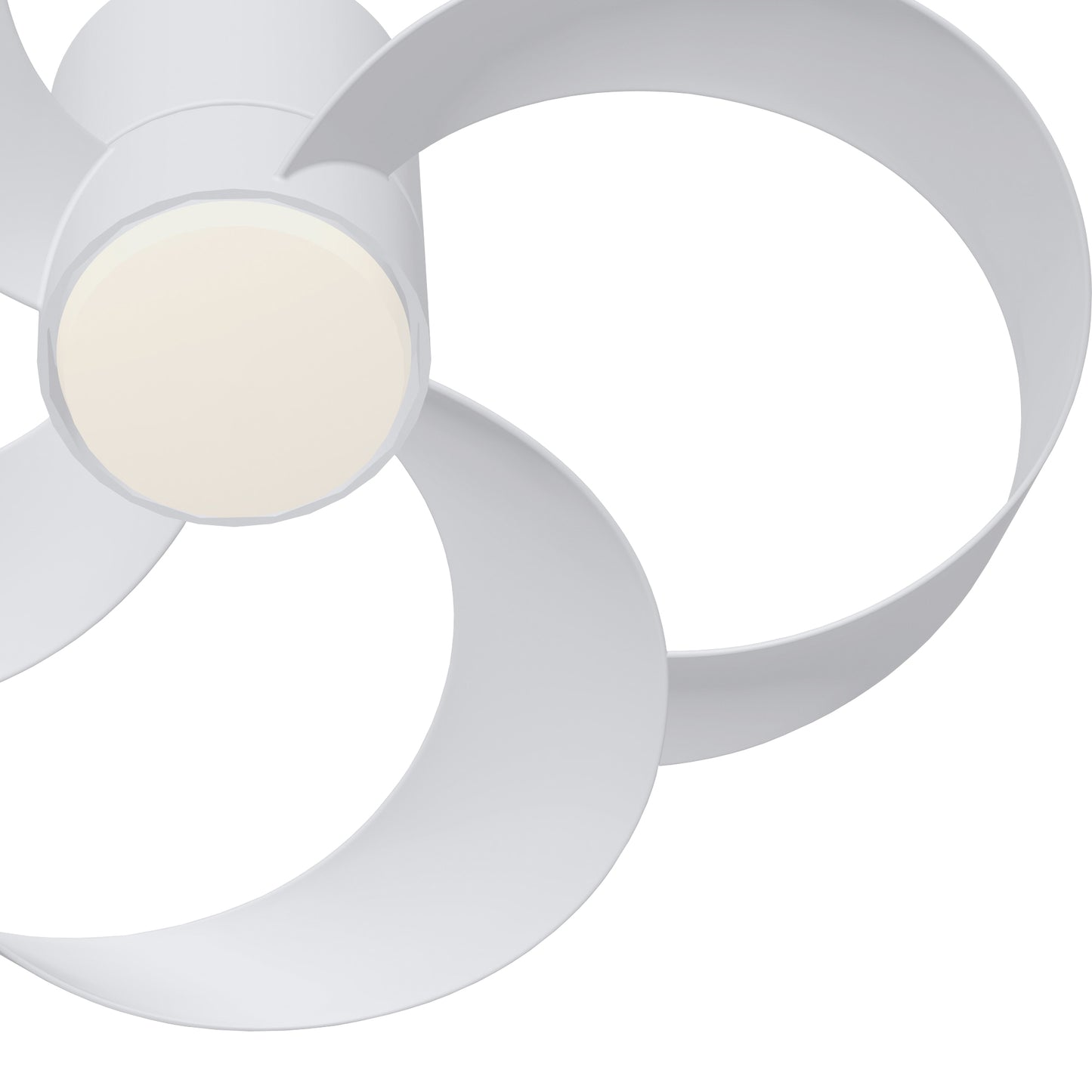 Introducing the Rose White 65cm Ceiling Fan with Light by Ceiling Fans UK. This sleek, contemporary fixture features a dimmable 24W LED ceiling light surrounded by three curved, white blades encircling a central, softly glowing light source. The built-in 22W DC reversible fan and remote control add to its minimalist design and modern appeal.