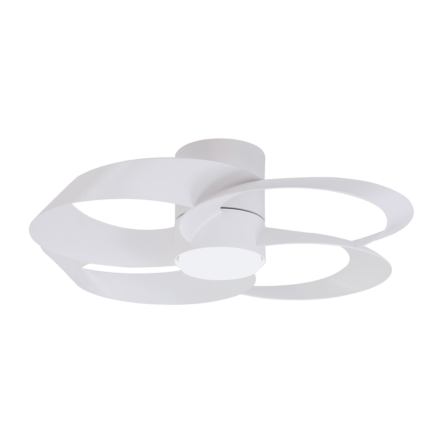 The Rose White 65cm Ceiling Fan with Light by Ceiling Fans UK features a distinctive design with three overlapping circular loops around a central cylindrical base, providing a modern and artistic appearance. The 24W LED dimmable ceiling light emits a soft, even glow, while the built-in 22W DC reversible fan offers added convenience through remote control.