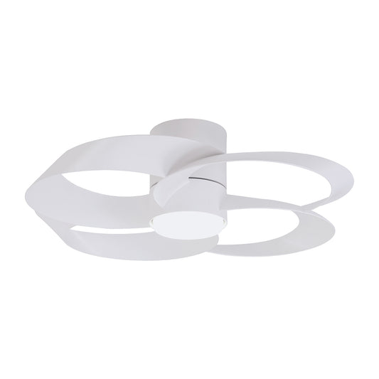 The Rose White 65cm Ceiling Fan with Light by Ceiling Fans UK features a distinctive design with three overlapping circular loops around a central cylindrical base, providing a modern and artistic appearance. The 24W LED dimmable ceiling light emits a soft, even glow, while the built-in 22W DC reversible fan offers added convenience through remote control.