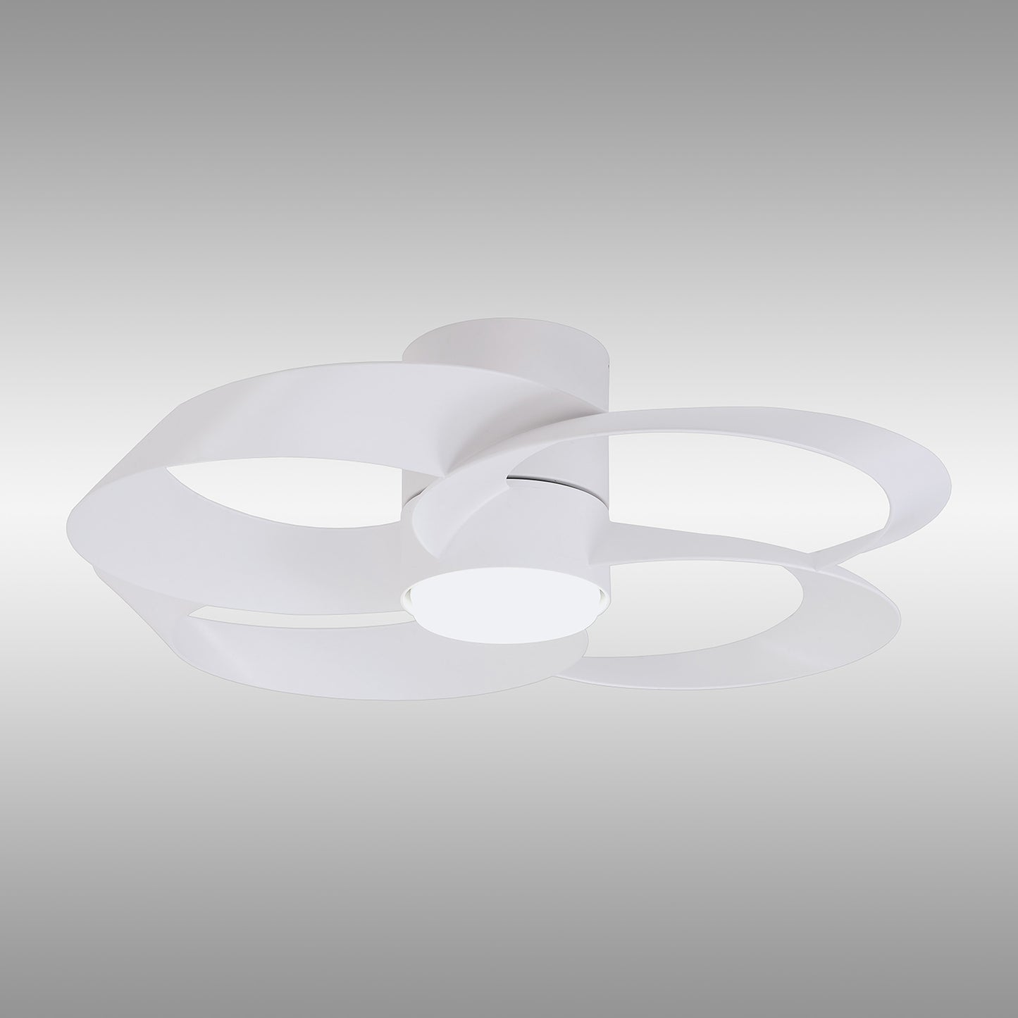 Ceiling Fans UK's Rose White 65cm Ceiling Fan with Light features a sleek, artistic design with interlocking circular metal loops in white surrounding a 24W dimmable LED light. A background gradient of white to light gray adds elegance, similar to the remote-controlled and reversible fan options available.